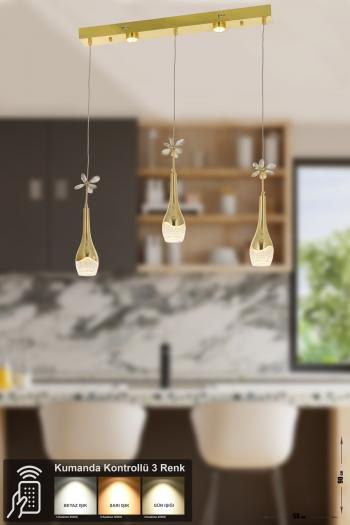 Avizemoda Lale 3'lü Power Ledli Kumandalı Modern Yemek Masası Üstü Avize, 3 Renk: Sarı-beyaz-gün Işığı - Gold