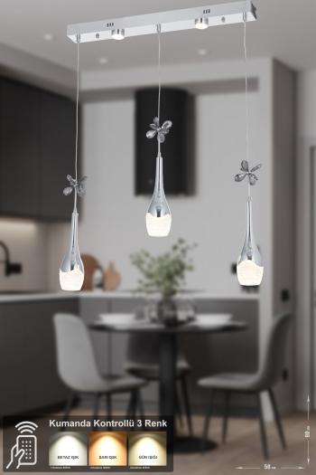 Avizemoda Lale 3'lü Power Ledli Kumandalı Modern Yemek Masası Üstü Avize, 3 Renk: Sarı-beyaz-gün Işığı - Krom