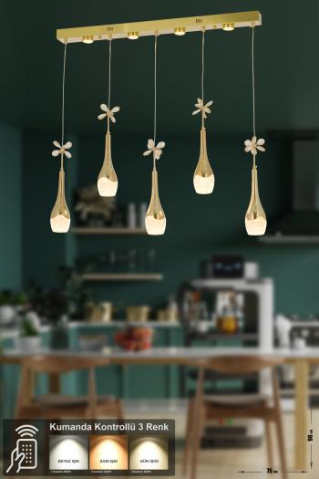 Avizemoda Lale 5'li Power Ledli Kumandalı Modern Yemek Masası Üstü Avize, 3 Renk: Sarı-beyaz-gün Işığı - Gold