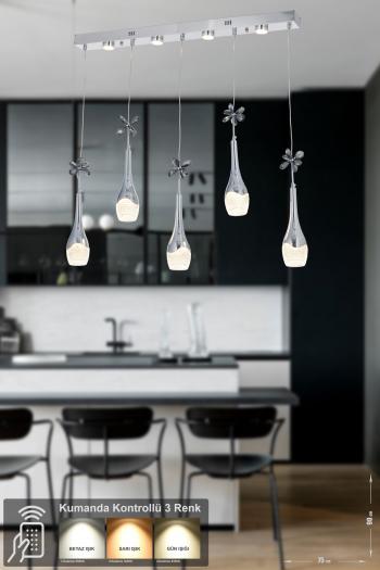 Avizemoda Lale 5'li Power Ledli Kumandalı Modern Yemek Masası Üstü Avize, 3 Renk: Sarı-beyaz-gün Işığı - Krom