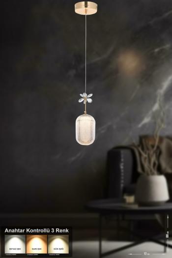 Avizemoda Motta Tekli Ledli Modern Lüks Sarkıt Avize (3 RENK LED; SARI - BEYAZ - GÜN İŞIĞI) - Gold