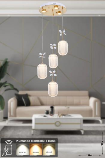 Avizemoda Motta 4'lü Power Ledli Kumandalı Modern Lüks Sarkıt Avize, 3 Renk: Sarı-beyaz-gün Işığı - Gold