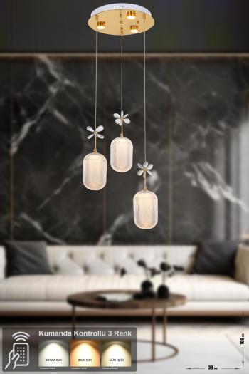 Avizemoda Motta 3'lü Power Ledli Kumandalı Modern Lüks Sarkıt Avize, 3 Renk: Sarı-beyaz-gün Işığı - Gold