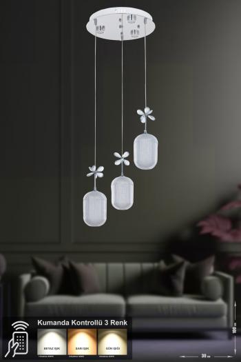Avizemoda Motta 3'lü Power Ledli Kumandalı Modern Lüks Sarkıt Avize, 3 Renk: Sarı-beyaz-gün Işığı - Krom
