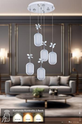 Avizemoda Motta 5'li Power Ledli Kumandalı Modern Lüks Sarkıt Avize, 3 Renk: Sarı-beyaz-gün Işığı - Krom