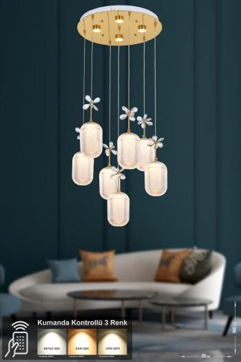 Avizemoda Motta 7'li Power Ledli Kumandalı Modern Lüks Sarkıt Avize, 3 Renk: Sarı-beyaz-gün Işığı - Gold