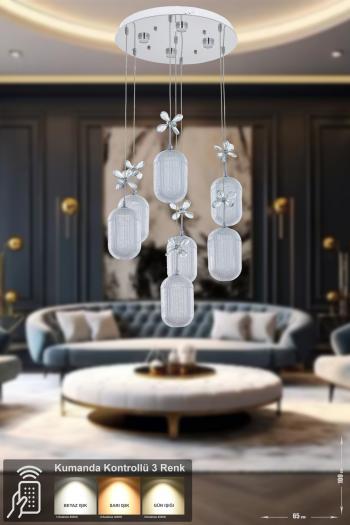 Avizemoda Motta 7'li Power Ledli Kumandalı Modern Lüks Sarkıt Avize, 3 Renk: Sarı-beyaz-gün Işığı - Krom