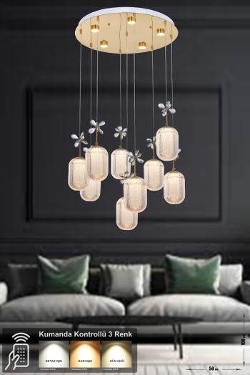 Avizemoda Motta 9'lu Power Ledli Kumandalı Modern Lüks Sarkıt Avize, 3 Renk: Sarı-beyaz-gün Işığı - Gold