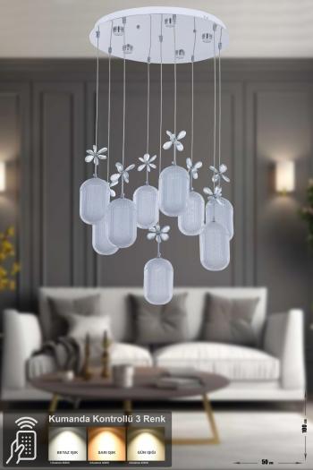 Avizemoda Motta 9'lu Power Ledli Kumandalı Modern Lüks Sarkıt Avize, 3 Renk: Sarı-beyaz-gün Işığı - Krom