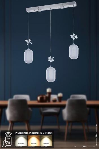 Avizemoda Motta 3'lü Power Ledli Kumandalı Modern Yemek Masası Üstü Avize, 3 Renk: Sarı-beyaz-gün Işığı -krom