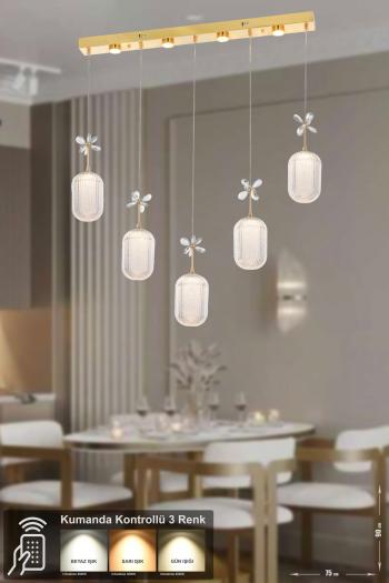 Avizemoda Motta 5'li Power Ledli Kumandalı Modern Yemek Masası Üstü Avize, 3 Renk: Sarı-beyaz-gün Işığı -gold