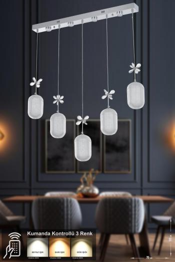 Avizemoda Motta 5'li Power Ledli Kumandalı Modern Yemek Masası Üstü Avize, 3 Renk: Sarı-beyaz-gün Işığı -krom