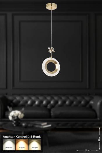 Avizemoda Ribera Tekli Ledli Modern Lüks Sarkıt Avize (3 RENK LED; SARI - BEYAZ - GÜN İŞIĞI) - Gold