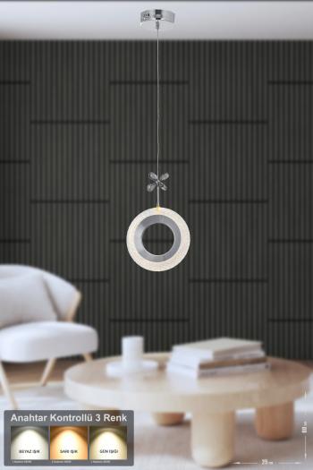 Avizemoda Ribera Tekli Ledli Modern Lüks Sarkıt Avize (3 RENK LED; SARI - BEYAZ - GÜN İŞIĞI) - Krom