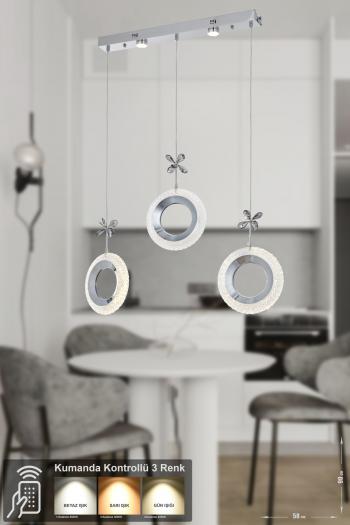 Avizemoda Ribera 3'lü Power Ledli Kumandalı Modern Yemek Masası Üstü Avize, 3 Renk: Sarı-beyaz-gün Işığı-krom