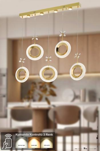 Avizemoda Ribera 5'li Power Ledli Kumandalı Modern Yemek Masası Üstü Avize, 3 Renk: Sarı-beyaz-gün Işığı-gold