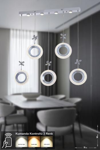 Avizemoda Ribera 5'li Power Ledli Kumandalı Modern Yemek Masası Üstü Avize, 3 Renk: Sarı-beyaz-gün Işığı-krom