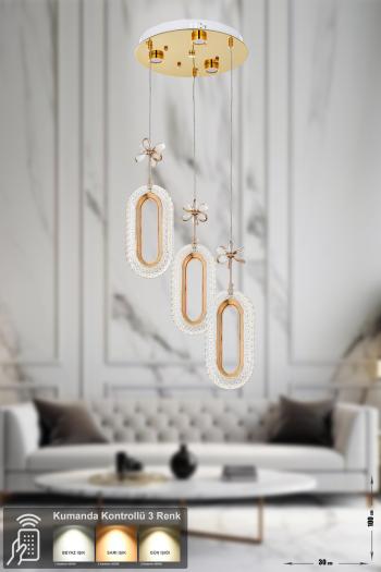 Avizemoda Sessi 3'lü Power Ledli Kumandalı Modern Lüks Sarkıt Avize, 3 Renk: Sarı-beyaz-gün Işığı - Gold