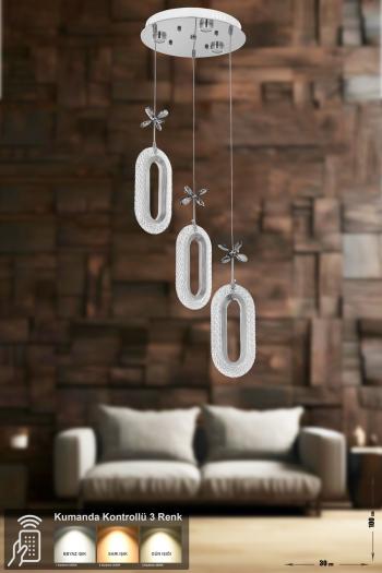 Avizemoda Sessi 3'lü Power Ledli Kumandalı Modern Lüks Sarkıt Avize, 3 Renk: Sarı-beyaz-gün Işığı - Krom