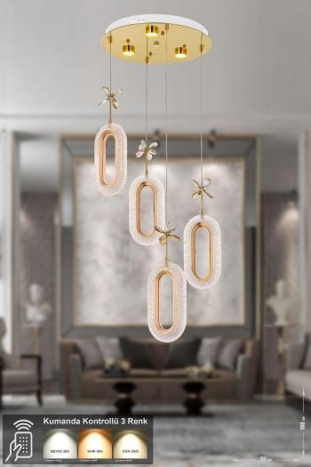 Avizemoda Sessi 4'lü Power Ledli Kumandalı Modern Lüks Sarkıt Avize, 3 Renk: Sarı-beyaz-gün Işığı - Gold