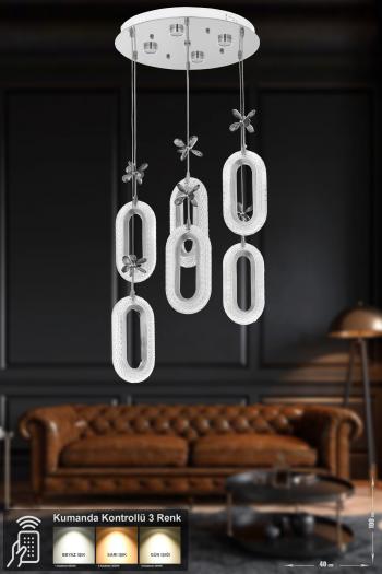 Avizemoda Sessi 6'li Power Ledli Kumandalı Modern Lüks Sarkıt Avize, 3 Renk: Sarı-beyaz-gün Işığı - Krom
