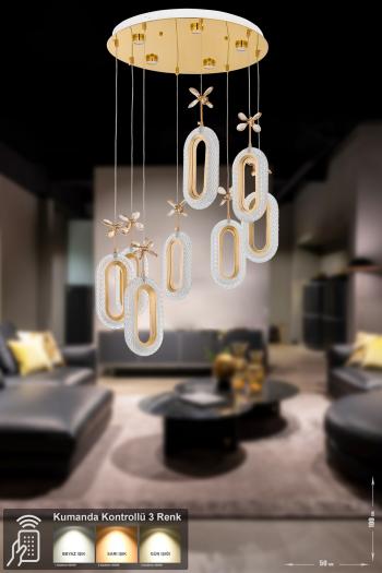 Avizemoda Sessi 8'li Power Ledli Kumandalı Modern Lüks Sarkıt Avize, 3 Renk: Sarı-beyaz-gün Işığı - Gold