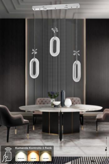 Avizemoda Sessi 3'lü Power Ledli Kumandalı Modern Yemek Masası Üstü Avize, 3 Renk: Sarı-beyaz-gün Işığı -krom