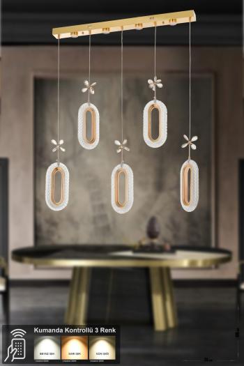 Avizemoda Sessi 5'li Power Ledli Kumandalı Modern Yemek Masası Üstü Avize, 3 Renk: Sarı-beyaz-gün Işığı -gold