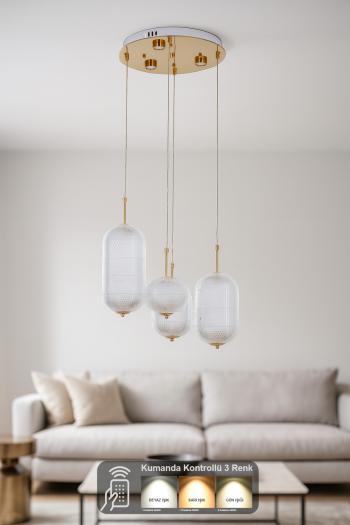 Avizemoda Torino 4'lü Power Ledli Kumandalı Modern Lüks Sarkıt Avize, 3 Renk: Sarı-beyaz-gün Işığı - Gold
