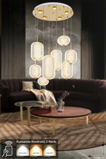 Avizemoda Torino 8'li Power Ledli Kumandalı Modern Lüks Sarkıt Avize, 3 Renk: Sarı-beyaz-gün Işığı - Gold