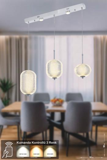 Avizemoda Torino 3'lü Power Ledli Kumandalı Modern Yemek Masası Üstü Avize, 3 Renk: Sarı-beyaz-gün Işığı-krom