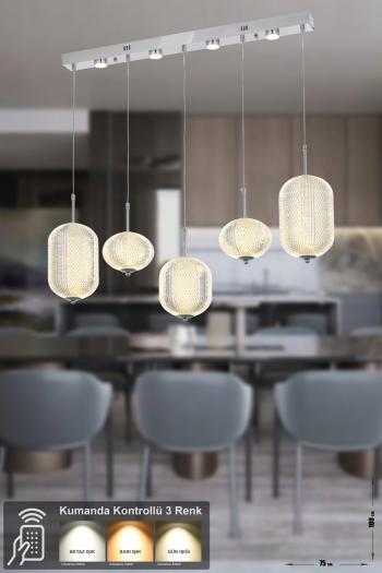 Avizemoda Torino 5'li Power Ledli Kumandalı Modern Yemek Masası Üstü Avize, 3 Renk: Sarı-beyaz-gün Işığı-krom