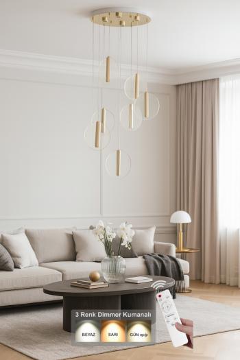 Avizemoda Lovena 7'Li Ledli Dim. Kumandalı Modern Lüks Sarkıt Avize (3 Renk Led; Sarı-Beyaz-Gün ışığı) - GOLD