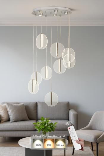 Avizemoda Lovena 9'Lu Ledli Dim. Kumandalı Modern Lüks Sarkıt Avize (3 Renk Led; Sarı-Beyaz-Gün ışığı) - KROM
