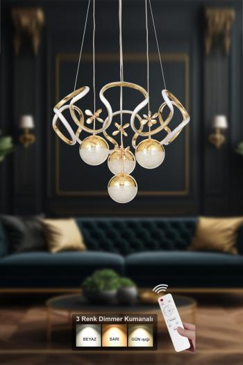 Avizemoda Elsa 4'lü Power Ledli Dimmerli Kumandalı Modern Avize, 3 Renk: (Sarı-beyaz-gün Işığı )- Gold