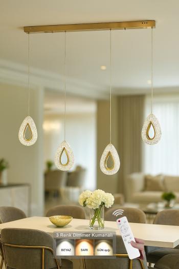 Avizemoda Dali 4'Lü Ledli Dim Kumandalı Modern Yemek Masası Üstü Avize (3 Renk Led; Sarı-Beyaz-Gün ışığı)-GOLD