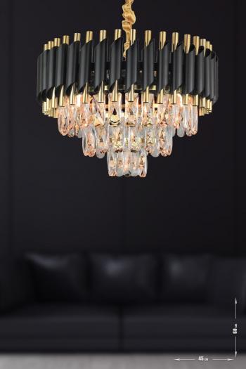 Avizemoda Palmira 45'lik Prizma Kesim Kristal Taşlı Lüks Avize - (siyah-gold)