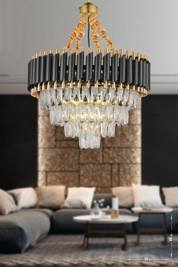 Avizemoda Palmira 55'lik Prizma Kesim Kristal Taşlı Lüks Avize - (siyah-gold)