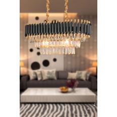 Avizemoda Palmira 75x35 Cm'lik 3 Katlı Prizma Kesim Kristal Taşlı Lüks Avize 6'lı - (siyah-gold)