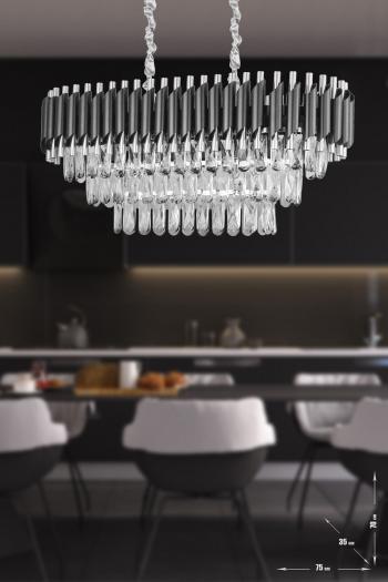 Avizemoda Palmira 75x35 Cm'lik 3 Katlı Prizma Kesim Kristal Taşlı Lüks Avize 6'lı - (siyah-krom)