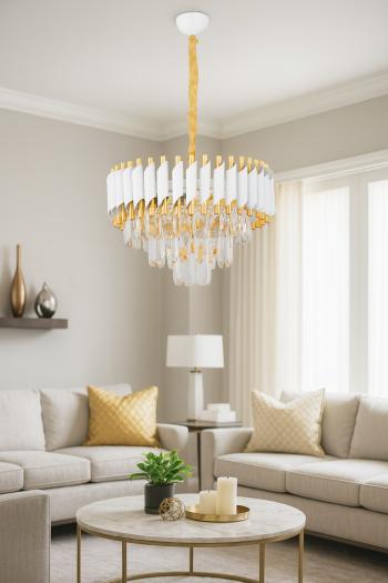 Avizemoda Palmira 45 lik Prizma Kesim Kristal Taşlı Lüks Salon Avize - (Beyaz Gold)