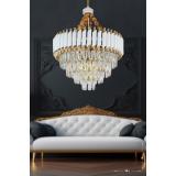 Avizemoda Palmira 55'lik Prizma Kesim Kristal Taşlı Lüks Salon Avize - (Beyaz-Gold)