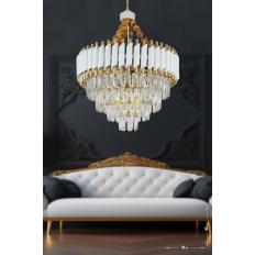 Avizemoda Palmira 55'lik Prizma Kesim Kristal Taşlı Lüks Salon Avize - (Beyaz-Gold)
