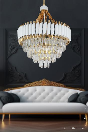 Avizemoda Palmira 55'lik Prizma Kesim Kristal Taşlı Lüks Salon Avize - (Beyaz-Gold)