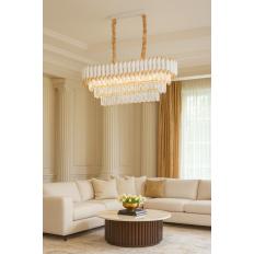 Avizemoda Palmira 75x35 Cm'lik 3 Katlı Prizma Kesim Kristal Taşlı Lüks Avize 6'lı - (Beyaz Gold)