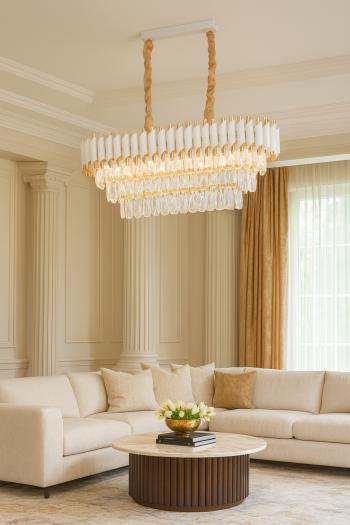 Avizemoda Palmira 75x35 Cm'lik 3 Katlı Prizma Kesim Kristal Taşlı Lüks Avize 6'lı - (Beyaz Gold)