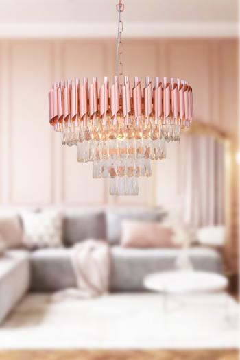 Avizemoda Palmira 50 cm'lik Kristal Taşlı Salon Oturma Odası Lüks Avize - (Rose Gold)