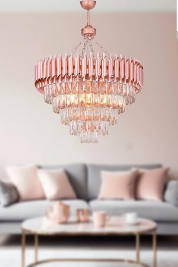 Avizemoda Palmira 60 cm'lik Kristal Taşlı Salon Oturma Odası Lüks Avize - (Rose Gold)