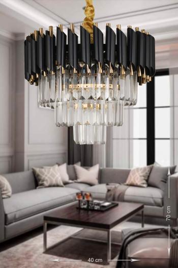 Avizemoda Palmira 40'lık Kristal Taşlı Lüks Avize - (siyah-gold)
