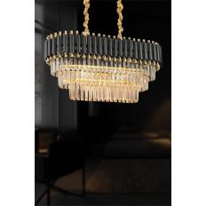 Avizemoda Palmira 75x35 Cm Kristal Taşlı 3 Katlı Lüks Yemek Masası Üstü Avize 6'lı - (siyah-gold)